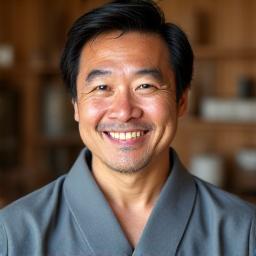 陶芸インストラクター、田中健二の肖像画。穏やかな笑顔で、伝統的な和服を着用しています。